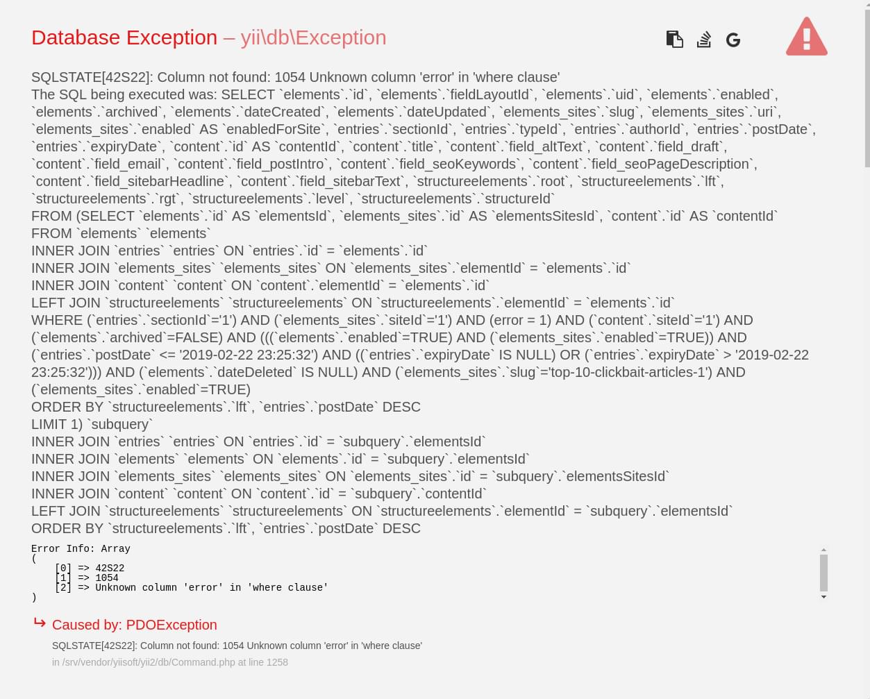 Yii database exception